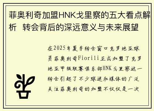 菲奥利奇加盟HNK戈里察的五大看点解析 转会背后的深远意义与未来展望 菲奥利奇加盟HNK戈里察的五大看点解析 转会背后的深远意义与未来展望